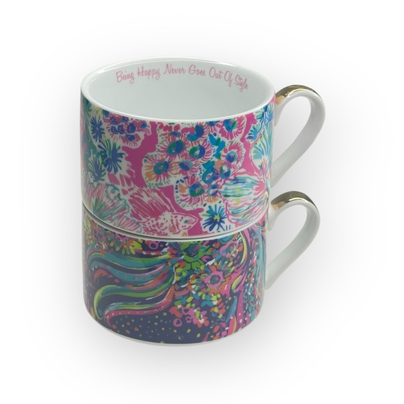 Lilly Pulitzer ❤︎︎ Stackable Tea Cups Coffee Mugs Set of 2 ❤︎︎ Being Happy Print - Picture 1 of 16